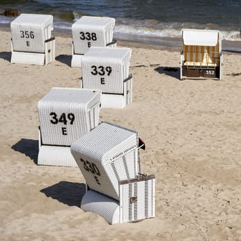 Beach chairs on the beach of Heringsdorf on the German coast of the Baltic Sea on the island of Usedom