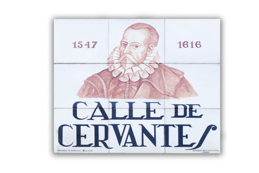 Miguel de Cervantes Saavedra street plaque. Madrid Literary Quarter where had his home in 17th Century