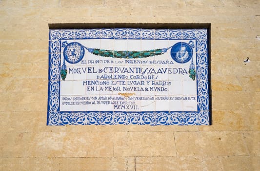 Cordoba, Spain - Dec 7th 2018: Miguel de Cervantes Saavedra memorial plaque. Plaza del Potro de Cordoba, Spain