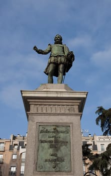 Spain, Madrid - March 6th, 2021: Miguel de Cervantes Saavedra statue. Erected in front of the Spanish Congress of Deputies, Madrid. By Antonio Sola in 1835
