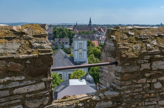 View from the Adolfsturm of the castle to the city of Friedberg, Hesse, Germany
