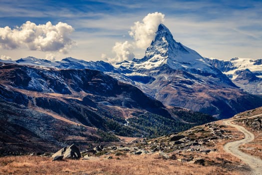 Scenic view of famous alpine peak Matterhorn near Swiss resort town of Zermatt