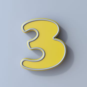 Yellow cartoon font Number 3 THREE 3D render illustration isolated on gray background
