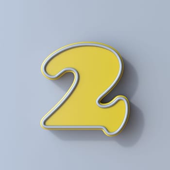 Yellow cartoon font Number 2 TWO 3D render illustration isolated on gray background