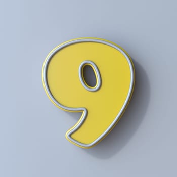Yellow cartoon font Number 9 NINE 3D render illustration isolated on gray background