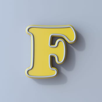 Yellow cartoon font Letter F 3D render illustration isolated on gray background