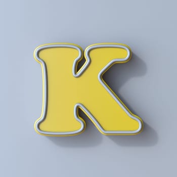 Yellow cartoon font Letter K 3D render illustration isolated on gray background