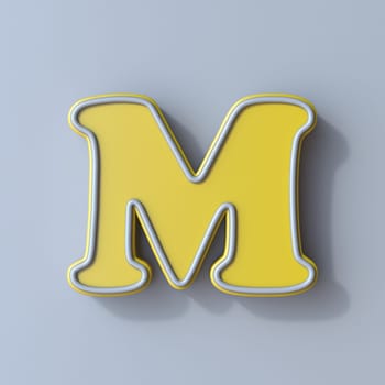 Yellow cartoon font Letter M 3D render illustration isolated on gray background