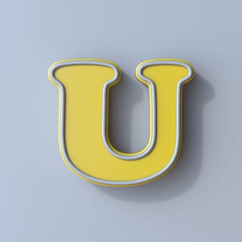 Yellow cartoon font Letter U 3D render illustration isolated on gray background