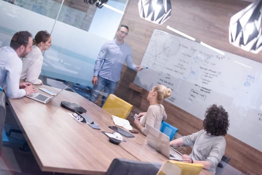 Group of a young business people discussing business plan at modern startup office building