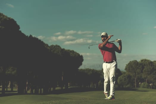 golf player hitting shot with driver on course at beautiful sunny day