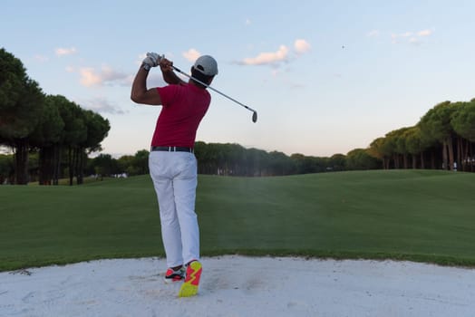 golf player shot ball from sand bunker at course with beautiful sunset with sun flare
