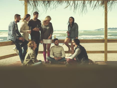 Happy Group Of Friends Hanging Out At Beach House having fun and drinking beer on autumn day colored filter
