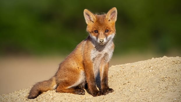 Young red fox, vulpes vulpes, sitting on sand in summer sunlight. Little orange mammal looking to the camera of field in evening sun. Baby animal resting on den.