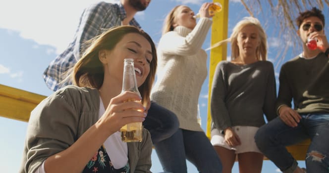 Happy Group Of Friends Hanging Out At Beach House having fun and drinking beer on autumn day
