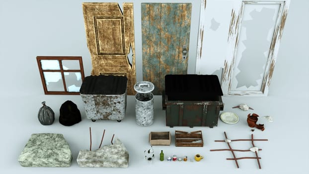 Retro 3d render rusty boxes with halfrotten containers and vintage old front doors covered with peeling paint. Pieces antique marble with broken dishes and glass bottles.