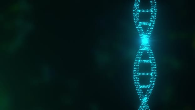 Molecular 3d render connection in wriggling genetic chromosome. Connected strands of genome with shimmering microscopic lines and dots. Biochemical curved filament in electronic imaging.