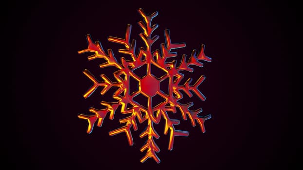 Icy 3d render six sided geometric figure with rays and twisted ornaments. Festive winter crystal with bright highlights natural abstract design. Christmas symbol and snowfall decoration.