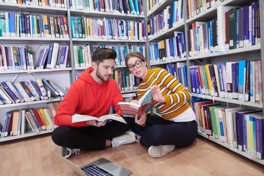 two young students sit in the school library and use a laptop to take notes