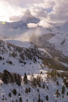 mountain matterhorn zermatt switzerland  with fresh snow on beautiful winter day
