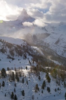 mountain matterhorn zermatt switzerland  with fresh snow on beautiful winter day