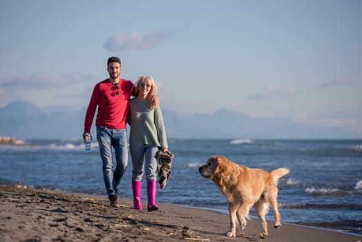 Couple Running On The Beach Holding Their Hands with dog On autmun day