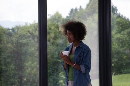 Beautiful young african american woman drinking coffee and looking through a window in her luxury home