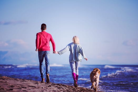 Couple Running On The Beach Holding Their Hands with dog On autmun day