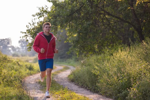 young man enjoying in a healthy lifestyle while jogging along a country road, exercise and fitness concept