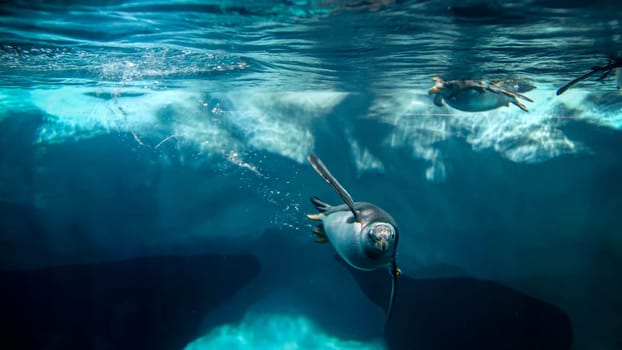 Photo of penguins diving and swimming in cold ocean water.