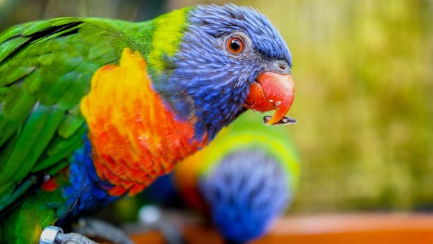 Closeup photo of lori parrot aeting seed from feeder in the zoo aviary.