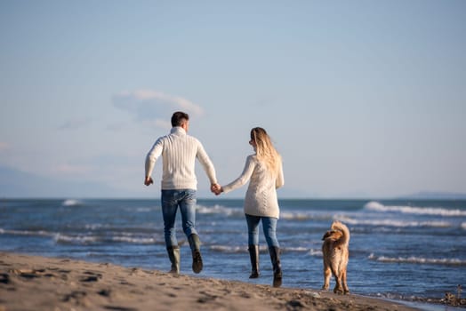 Couple Running On The Beach Holding Their Hands with dog On autmun day