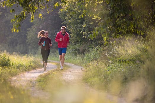young couple enjoying in a healthy lifestyle while jogging along a country road, exercise and fitness concept