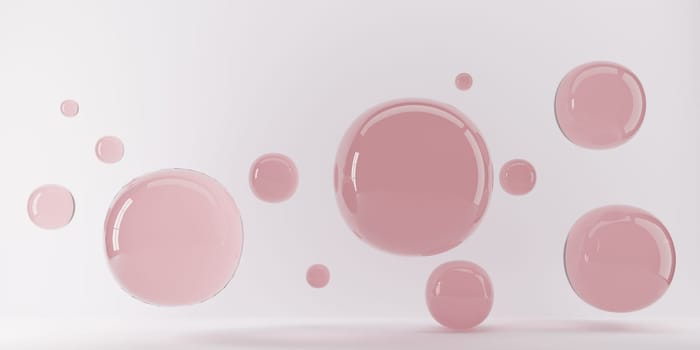 3D rendering of abstract science fiction concept. Group of spheres levitate. Flying spheres in empty space, abstract bubbles. Pink balls on pink background.