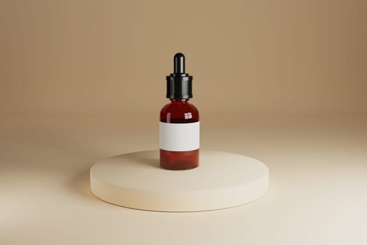 Mockup of essential oil glass bottle. 3d render design. Jar for cosmetic on pedestal composition