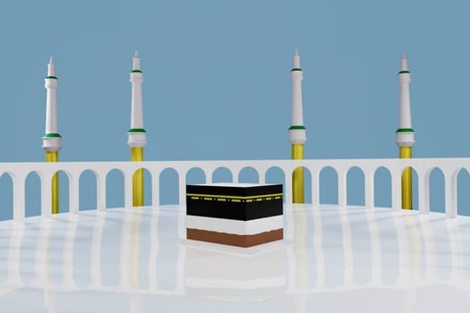 Islamic pilgrimage. Kaaba for hajj steps in Al-Haram Mosque Mecca Saudi Arabia on blue sky - Eid Adha Mubarak. 3d render.