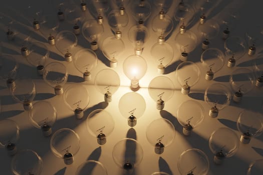 Idea, leader and stand out person concept. Alone light bulb emitting light among multiplicity extinguished lamps. Riot and unique in crowd. Appeal, idol and wireless electricity