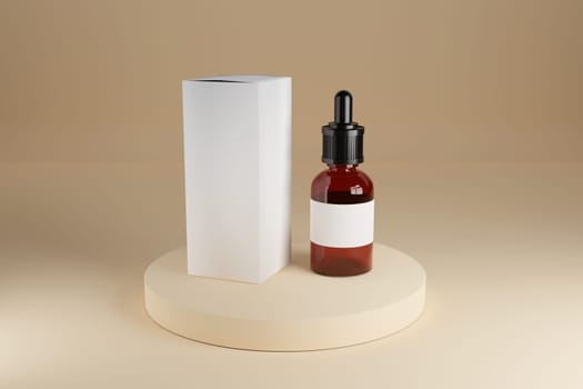 Brown glass cosmetic bottle mock-up with blank white box on stage. 3d render.