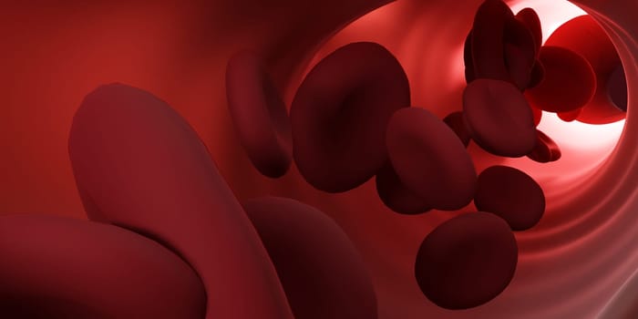 Red blood cells flowing through the veins. Close up view from inside. 3d rendering. Medicine and science micro technology
