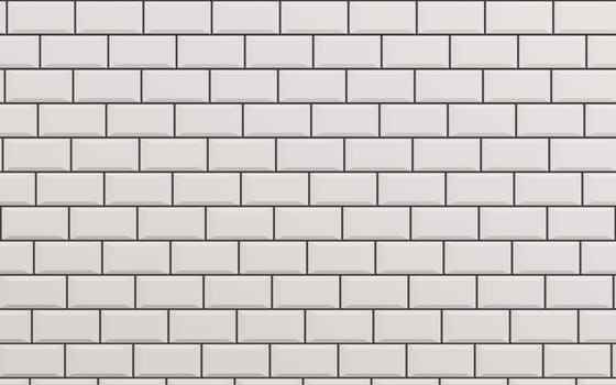 Beveled white matt ceramic tiles pattern herringbone on wall. 3d Render.