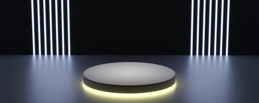 Abstract mock up dark light scene. Round shape podium with illumination background for product. 3d rendering.
