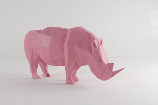 Low poly pink rhinoceros isoleted on white background. 3d rendering. Cartoon creature