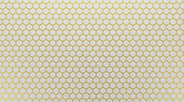 White ceramic hexagon tiles mosaic with gold grout in seams. Background, luxury pattern. 3d rendering.