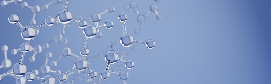 Water molecules with copyspace. Science or medical background with molecules and atoms. 3d render.