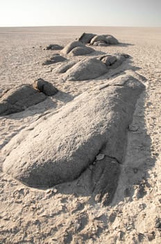 In the fast space of the flat salt pan known as Makgadigadi in Botswana lie some granite boulders exposed near Kubu Island, then nothing else till you see the horizon.