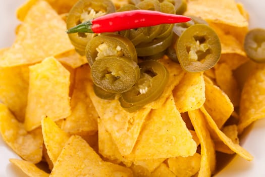 Bowl with nachos tortillas with pepperoni and fresh tomato salsa in a plate insulated against a white background