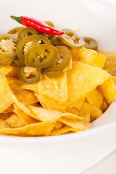 Bowl with nachos tortillas with pepperoni and fresh tomato salsa in a plate insulated against a white background