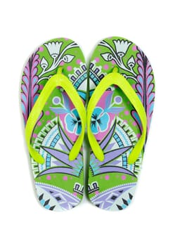 Pair of colored beach slippers. Isolate on white.