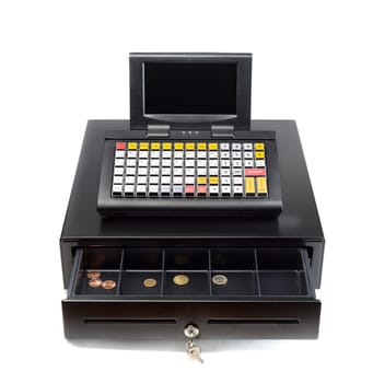 A modern cash register on a white background. Drawer is open.