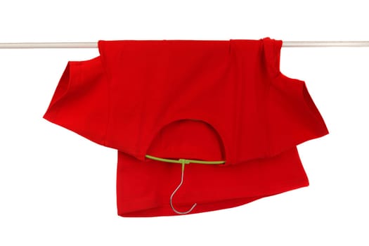Red t-shirt with clothes hanger isolated on 255 pure white